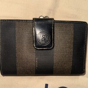 Fendi Tobacco Pequin Black and Brown Striped Kisslock Wallet with Logo Clasp